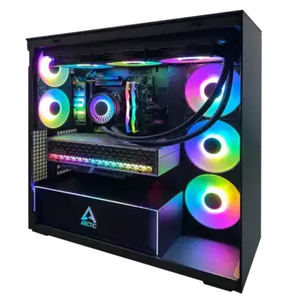 Hachiman PC Kori - Computer case with RGB lighting and visible Arctic logo on a white background