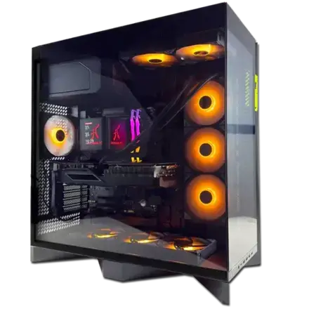Hachiman PC  Shogun - Glossy black computer case with RGB lighting on a white background