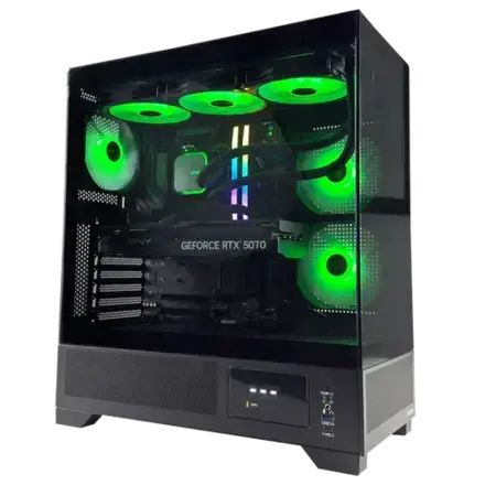 Hachiman PC Tora - Computer case with green LED lights and 'GeForce RTX 5070' graphics card on a white background