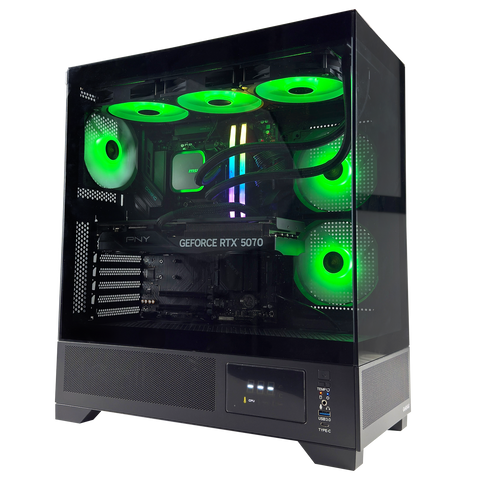 Hachiman PC Tora - Gaming computer case with green LED lights on a white background